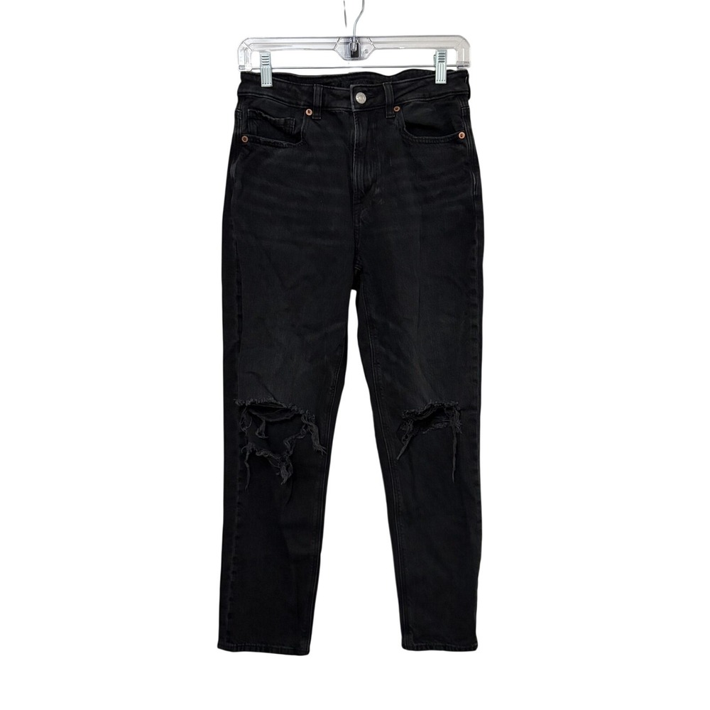 American Eagle Strigid Distressed Straight Leg Black Denim Jeans Womens 6 Short